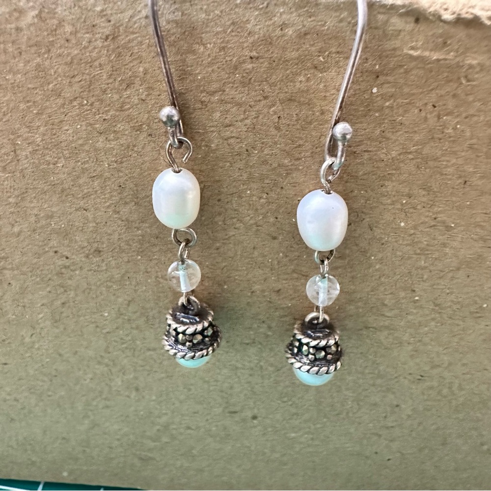 pierced dangle / drop sterling silver earrings white freshwater pearls and
